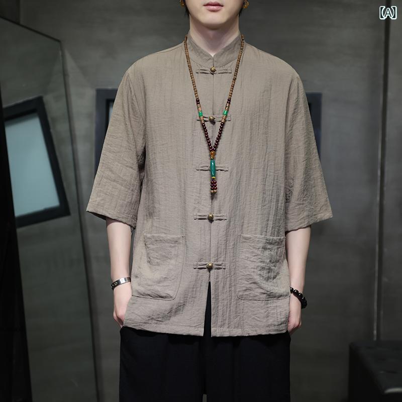 Rakuten - メンズ トップス チャイナ風 ひんやり 涼しい 快適 五分袖 シャツ 夏 中国風 スタンドカラー 半袖 唐装 メンズ 漢服 薄手 プリーツ 複数ポケット ボタン装飾 服 かっこいい シンプル