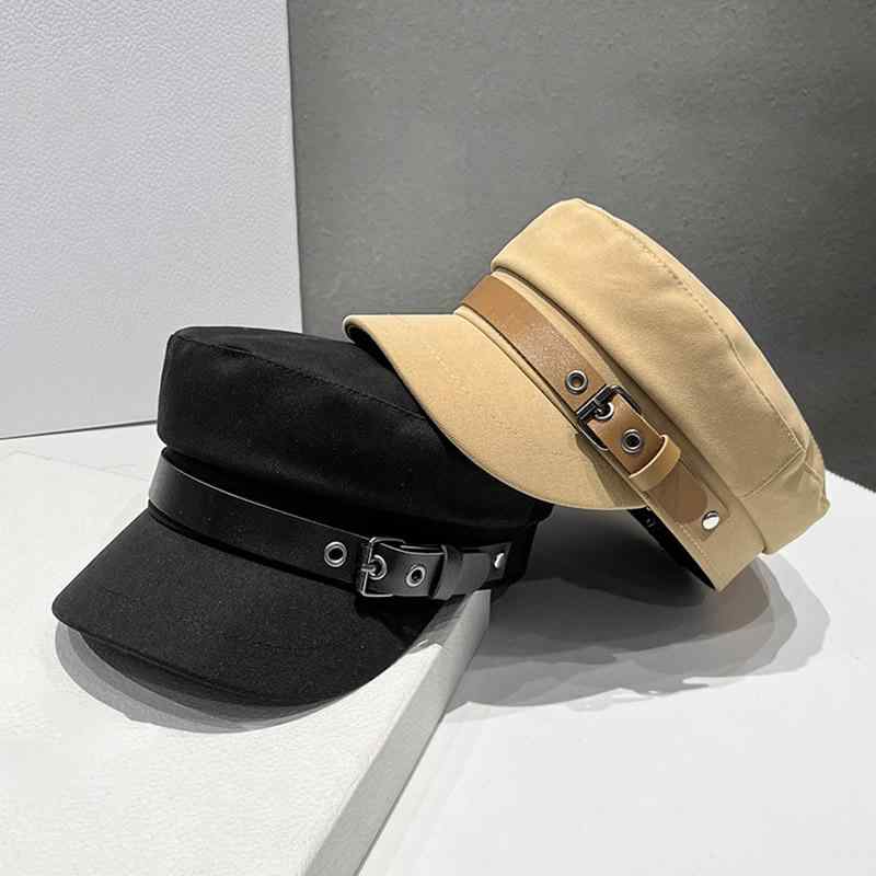 帽子 韓国 ペインターハット ベルトバックル フラットトップ ショート 帽子 レディース 春秋 英国 レト..