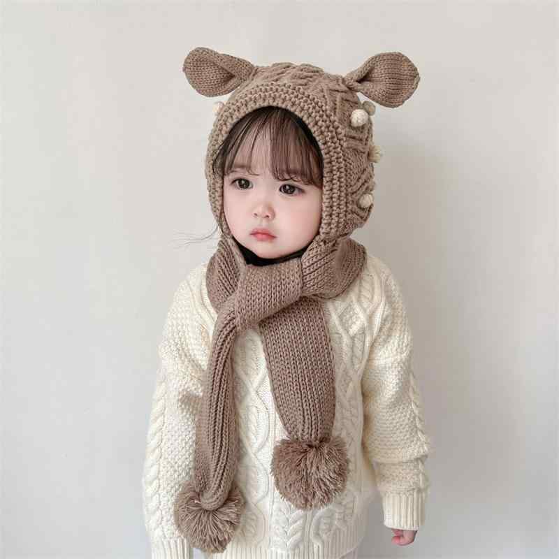 ベビー 帽子 冬 スカーフ 一体型 帽子 保温性 起毛 かわいい 子供 耳保護 帽子 男の子 女の子 ウール ..