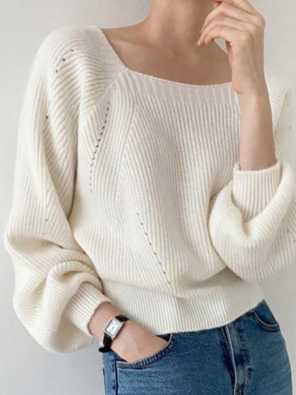 Square Neck - トップス レディース 韓国 シック 秋冬 フレンチ レトロ スクエアネック 鎖骨 露出 プルオーバー セーター カジュアル 長袖 セーター