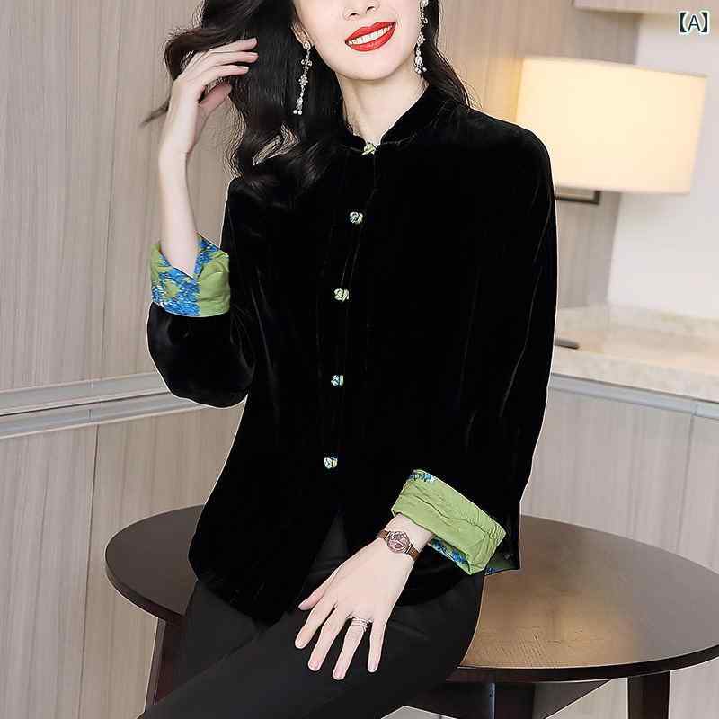 レディース シャツ 秋 ポリエステル起毛 長袖 チャイナ風 レトロ エレバント スタイリッシュ プルオーバー スタンドカラー 外出着 レジャー カジュアル