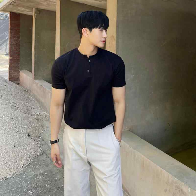 Rakuten - トップス メンズ ファッション 半袖 イン Tシャツ ハイエンド ヘンリー カラー ラウンドネック Tシャツ 韓国 シンプル 快適
