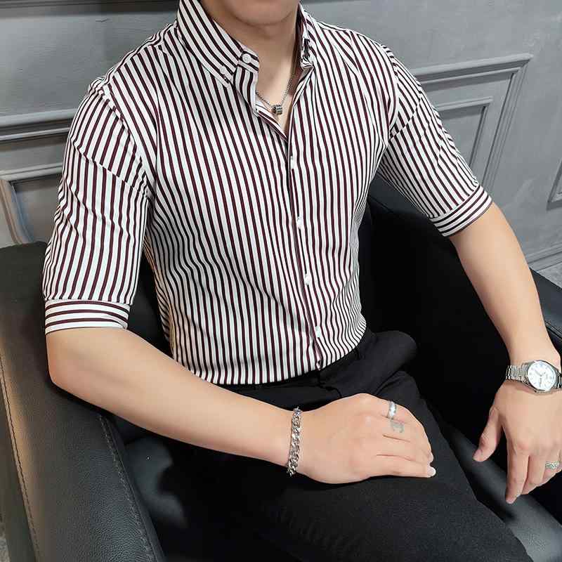 シャツ メンズ おしゃれ スタイリッシュ ファッション 夏 韓国 カジュアル ストライプ スリムフィット トップス プリント メンズ 大きめサイズ