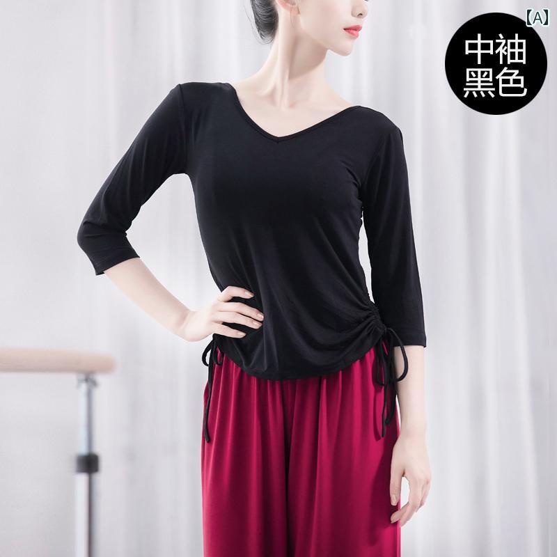 レディース モダン ダンス 練習服 トップス クラシック エスニック 大人 ヨガ ボディウェア V ネック スリム 巾着 レースアップ T シャツ