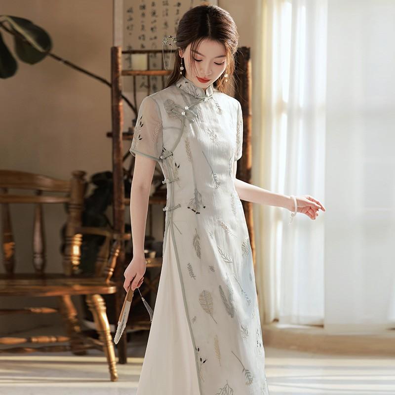 チャイナ ドレス 中国 アオザイ レトロ エレガント デイリー ティー ドレス ロングチャイナドレス ハイスリット 刺繍