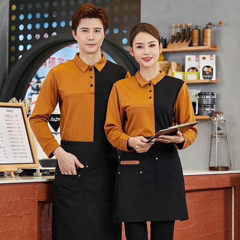 飲食店 ワークウェア カラー ブロック ウェイター 長袖 Tシャツ オーバー オール 刺繍 ホテル コーヒー ショップ ケータリング ポロ