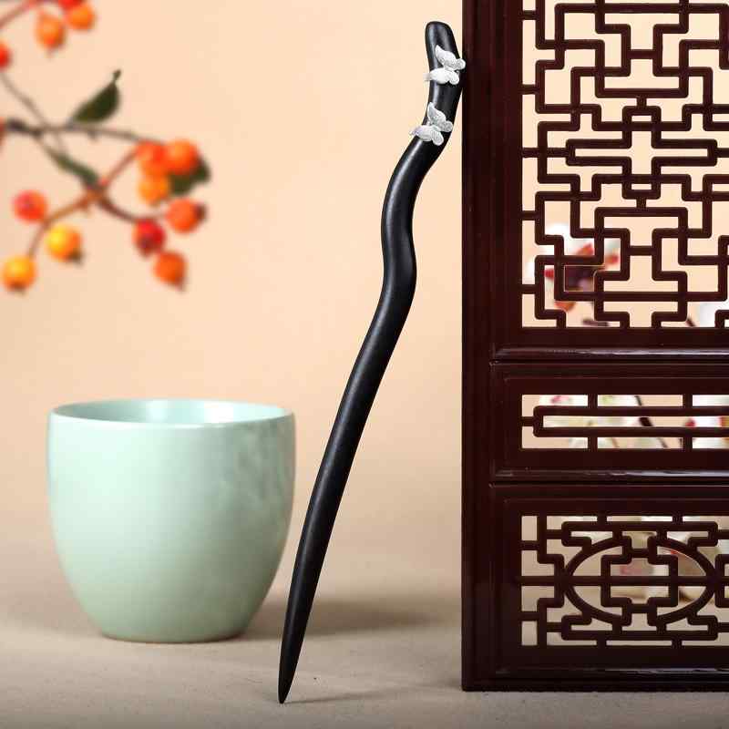 簪 黒 サンダルウッド ヘアピン ダブル フライング バタフライ レトロ ヘア アクセサー レディース ヘッド チャイナ風 蝶 おしゃれ