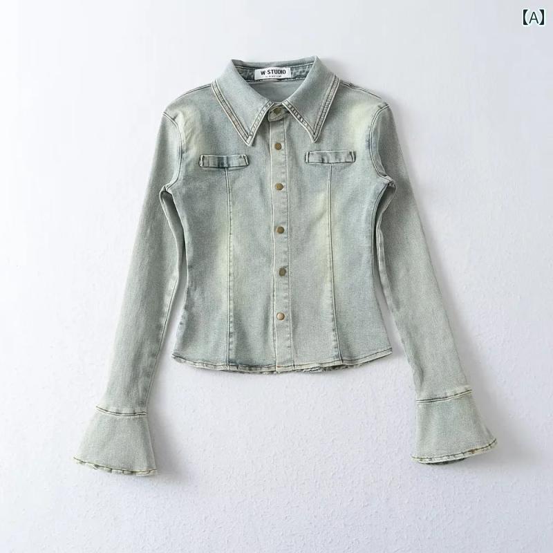 シャツ トップス レディース アメリカン レトロ ユーズド 加工 スリムフィット ストレッチデニム ウエスト ベルト スリーブス プライス 女性用