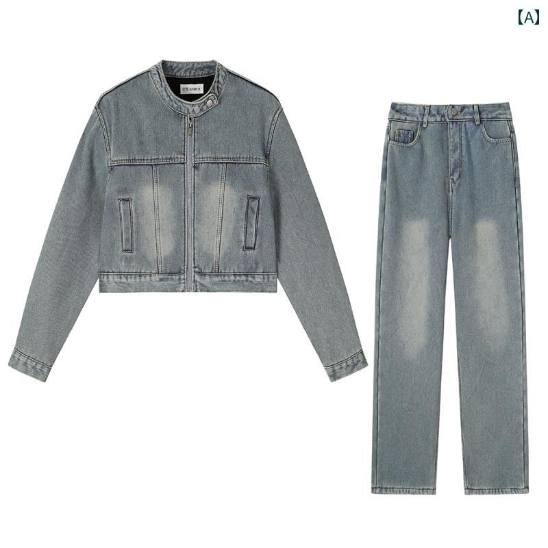 パンツ ジャケット レディース アメリカン レトロ デニム ベルベット ワークウェア 2点 セット 秋冬 ワイド ショート セット