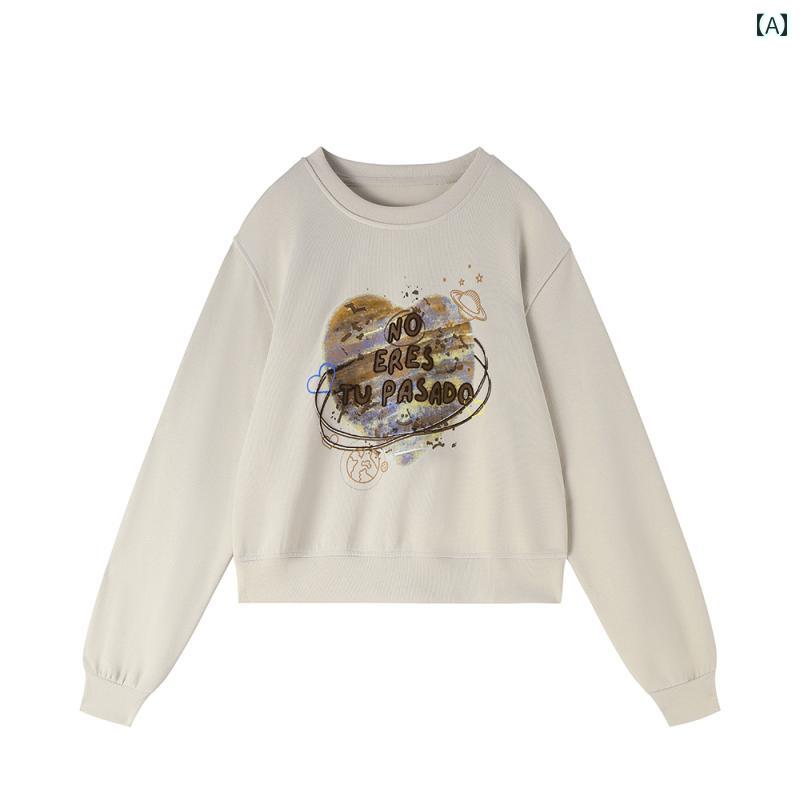 コート トップス レディース トレーナー アメリカン レトロ 小柄 ショート オーバー サイズ ラウンドネック スウェットシャツ 薄手 春秋 長袖