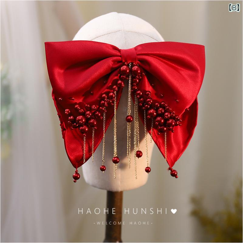 セキュアデポのリボン ヘアクリップ レディース ブライダル ウェディング 華やか フレンチ サテン ホワイト パール タッセル 頭飾り 写真 アクセサリー シンプル エレガント｜アングル3