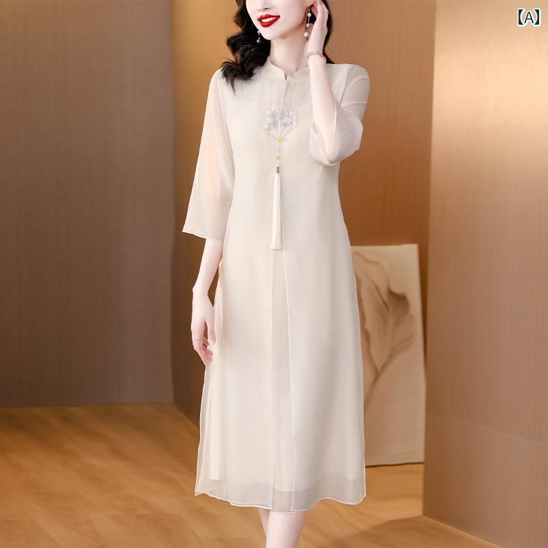 レディース ワンピース きれいめ 上品 ミセス 婦人服 中華風 チャイナ ドレス 母 サマー 瞑想 レトロ フェアリー シフォン ミドル丈 ティー