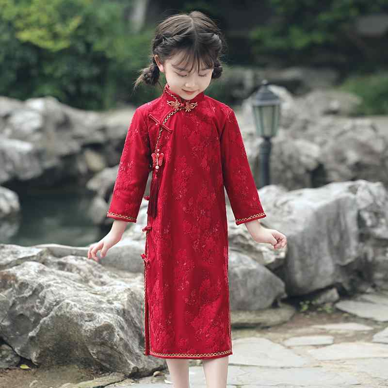 チャイナ ドレス 女の子 赤 レース レトロ 秋 長袖 子供 冬 キッズ レディース レッド 大人ぽい