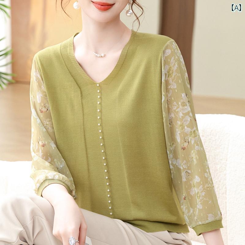 春 おしゃれ 上品 フェミニン 大人かわいい カジュアル シースルー 透け感生地 エレガント Vネック ニット シャツ レディース 春夏 薄手 トップス