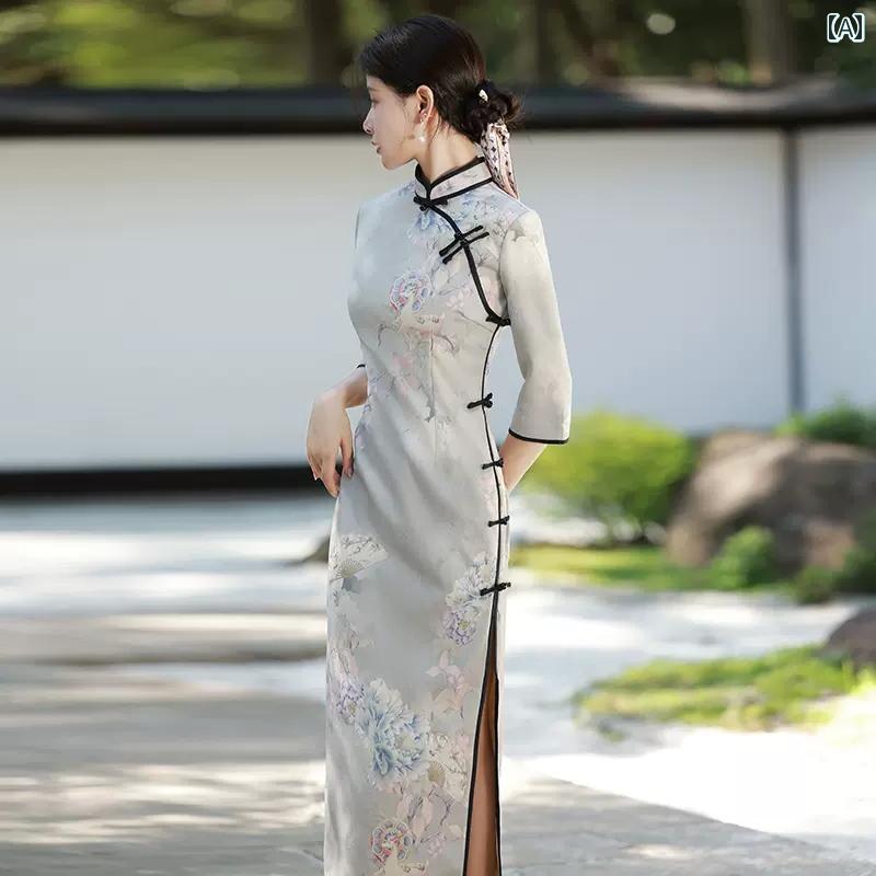 レディース チャイニーズ スタイル ワンピース おしゃれ 上品 婦人服 レトロ 民族風 チャイナ ドレス 秋 若々しい ハイエンド 長袖 ボタン