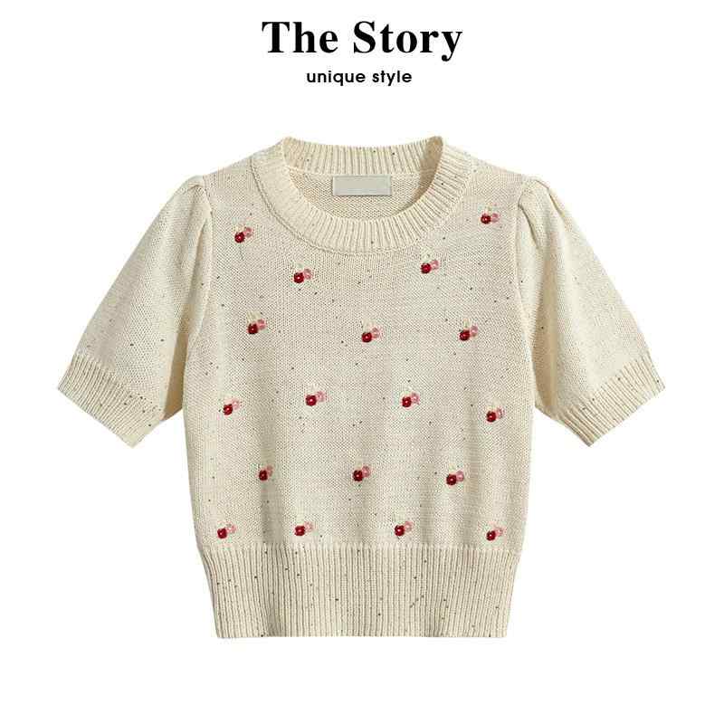 トップス レディース フランス ユニーク スモール 春夏 スリム ショート ラウンドネック ニット 半袖 Tシャツ 女性用