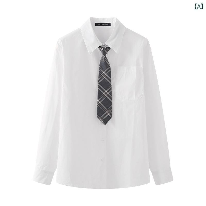 レディース ファッション トップス シャツ 長袖 白 チェック ネクタイ 起毛 秋 ゆったり シンプル 学生風