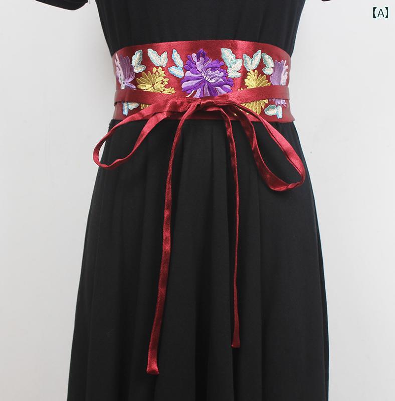 Women's wide obi belt for traditional Japanese clothing, embroidered waistband, suitable for dresses, skirts, and Korean-style clothing. Features a retro design in red, blue, and black. Available in various colors.