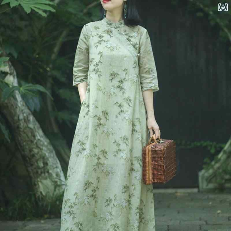 レディース チャイニーズ スタイル ワンピース おしゃれ 上品 婦人服 綿 リネン 文学 女性 瞑想 茶師服 中華風 チャイナ ドレス ロング スカート ラミー