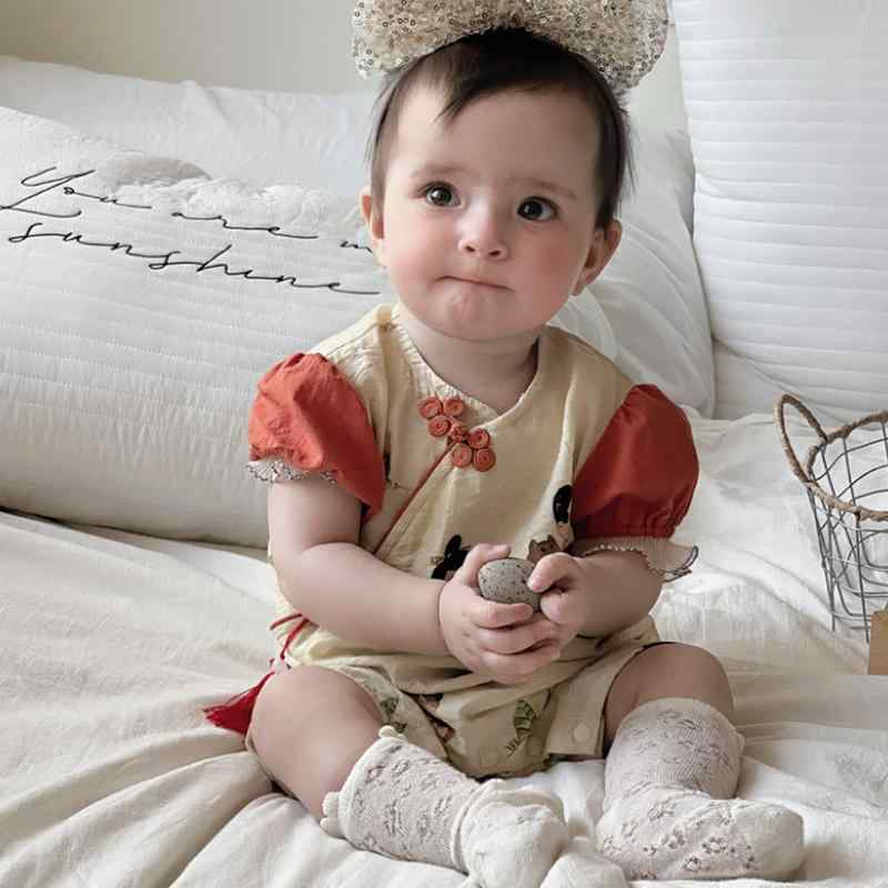 夏 チャイナ風 ベビー 薄手 パフスリーブ ジャンプスーツ ガール 赤ちゃん チャイナ風 プリンセス ショート ロンパース 中国