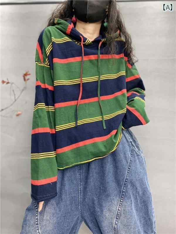 Rakuten - パーカー おしゃれ エスニック ボヘミアン レディース 婦人服 レディース トップス スウェット パーカー カジュアル レトロ シンプル ボーダー フード 春秋