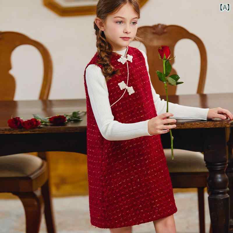 Occidental Goods - ドレス キッズ ワンピース おしゃれ かわいい 女の子 子供服 中華風 チャイニーズ スタイル 秋冬 チャイナ 赤 正月 子供 ベスト