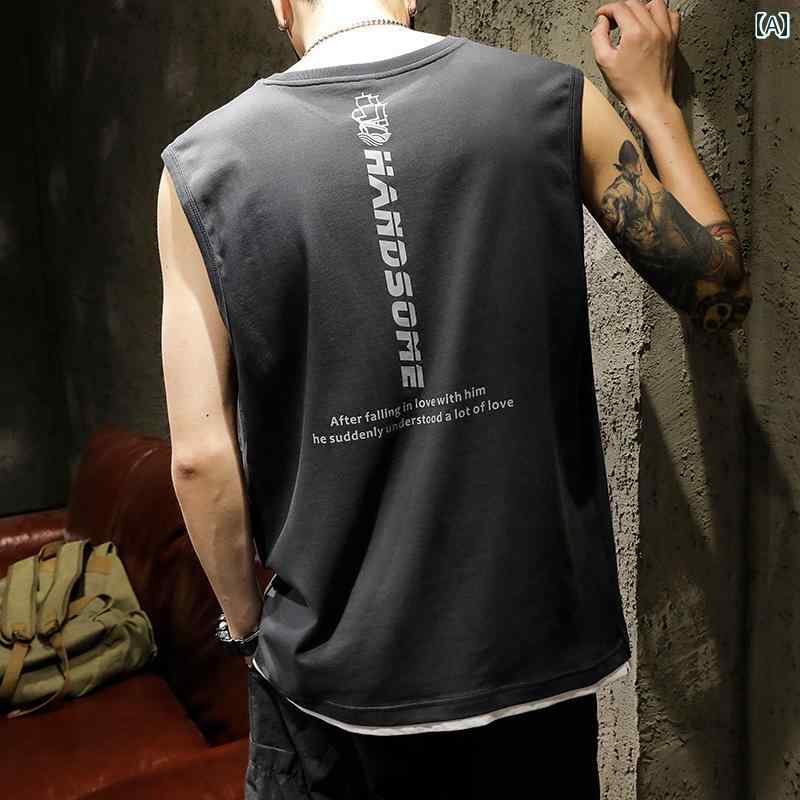 ノースリーブ ストリート コットン フェイク ベスト メンズ 半袖 大きめサイズ スポーツ Tシャツ ラウンドネック レジャー