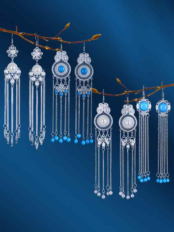 ピアス アクセサリー レディース モンゴル シルバー ロング タッセル エスニック ダンス パフォーマンス レトロ ファッション おしゃれ かわいい