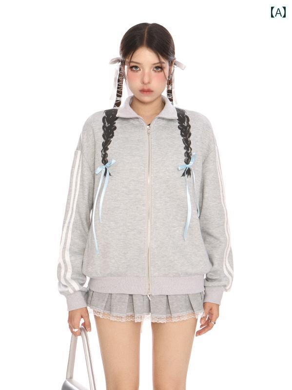 トレーナー カーディガン 韓国 ジャンバー 秋 長袖 ポロ襟 ジッパー ポケット シンプル ストリート ファッション カジュアル