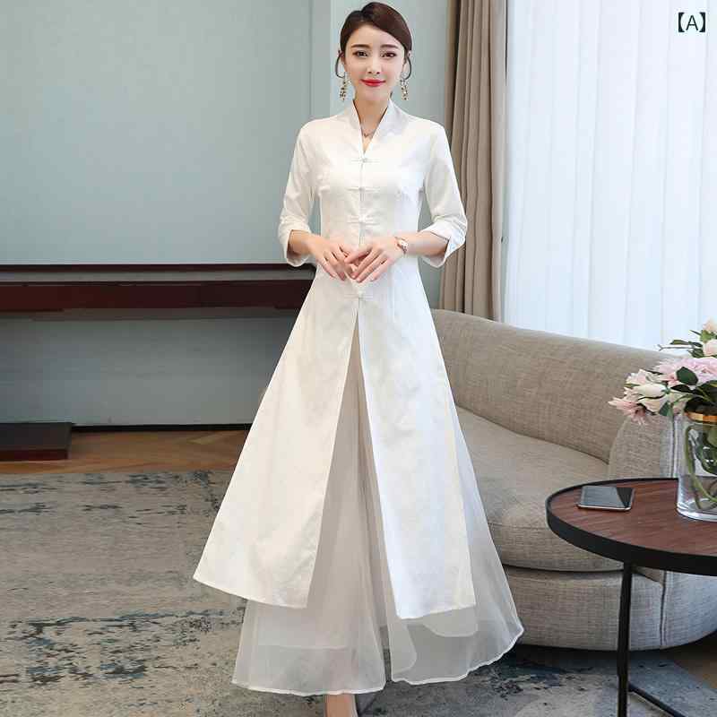 レディース アオザイ 清涼感 唐装 女性 中華風 チャイナ ドレス 秋 プレート ボタン 瞑想 茶 アーティスト 服 フェアリー スタイル