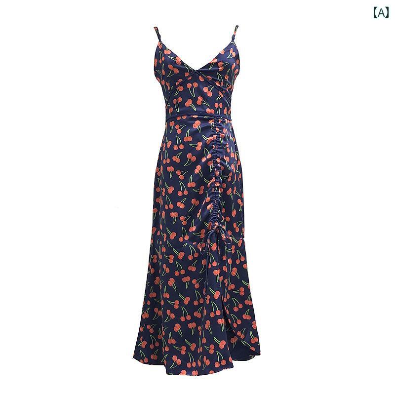 レディース 夏 リゾート ワンピース ウエスト フレンチ ドレス ティーブレイク スリム サテンロングドレス 女性用 海辺 休暇 ビーチ