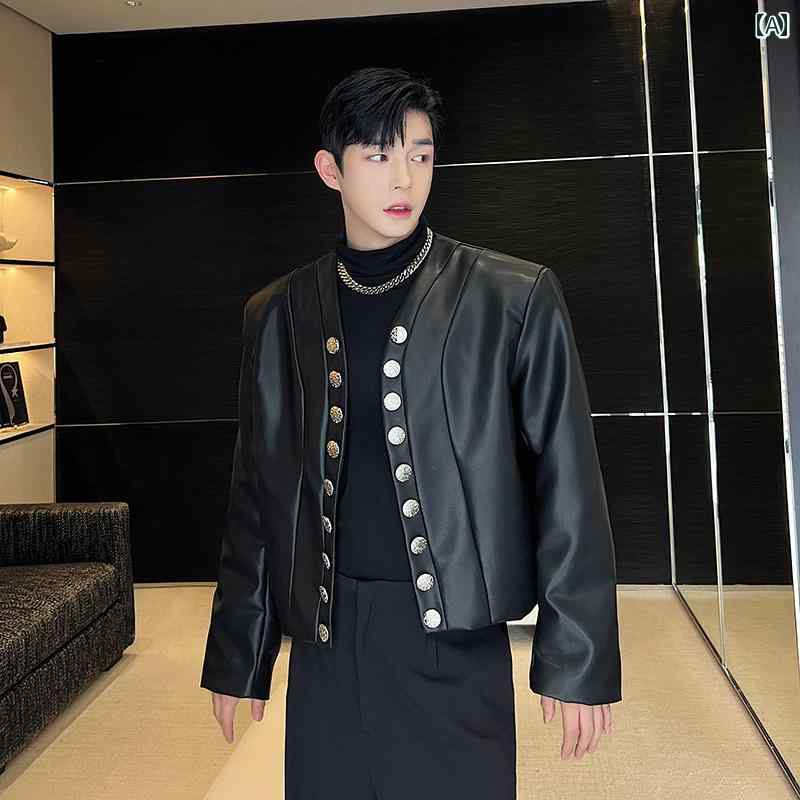 メンズ ファッション おしゃれ 韓国 秋冬 ノー カラー PU レザー エレガント シルバーバックル Vネックカーディガン レザージャケット ショート ジャケット