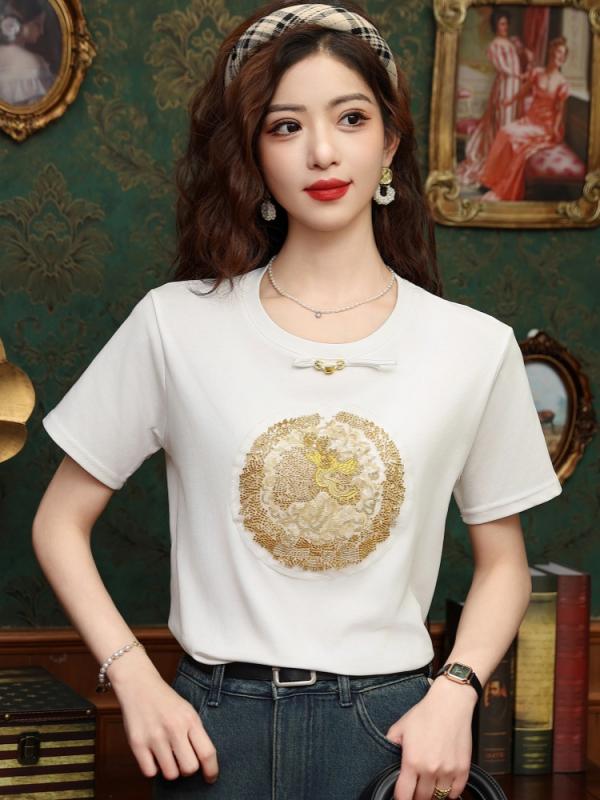 Tシャツ 夏 中国 刺繍 半袖 シャツ レディース ファッション 綿 シャツ トップス 黒 白 プルオーバー レトロ ゆったり ラウンドネック カジュアル