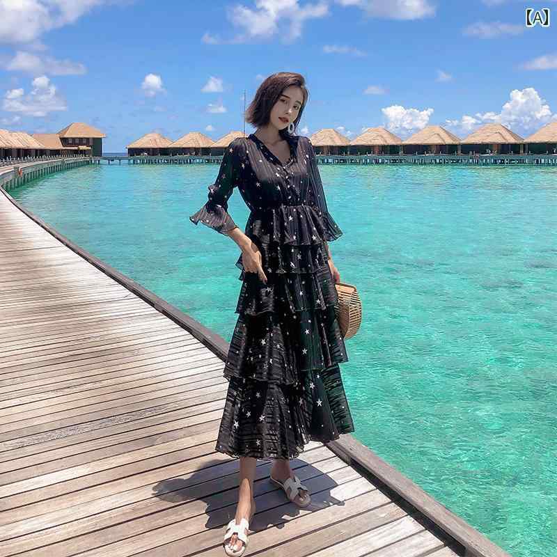 レディース 夏 ワンピース 休暇 海辺 リゾート ドレス シフォン フェアリー ビーチ V ネック トランペ..