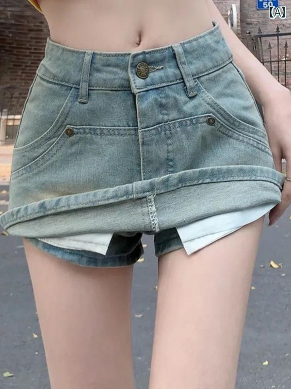 デニム スカート キュロット レトロ ブルー デニムスカート レディース ボトムス 夏 ハイウエスト パンツ ショート ボタン ポケット ヴィンテージ風