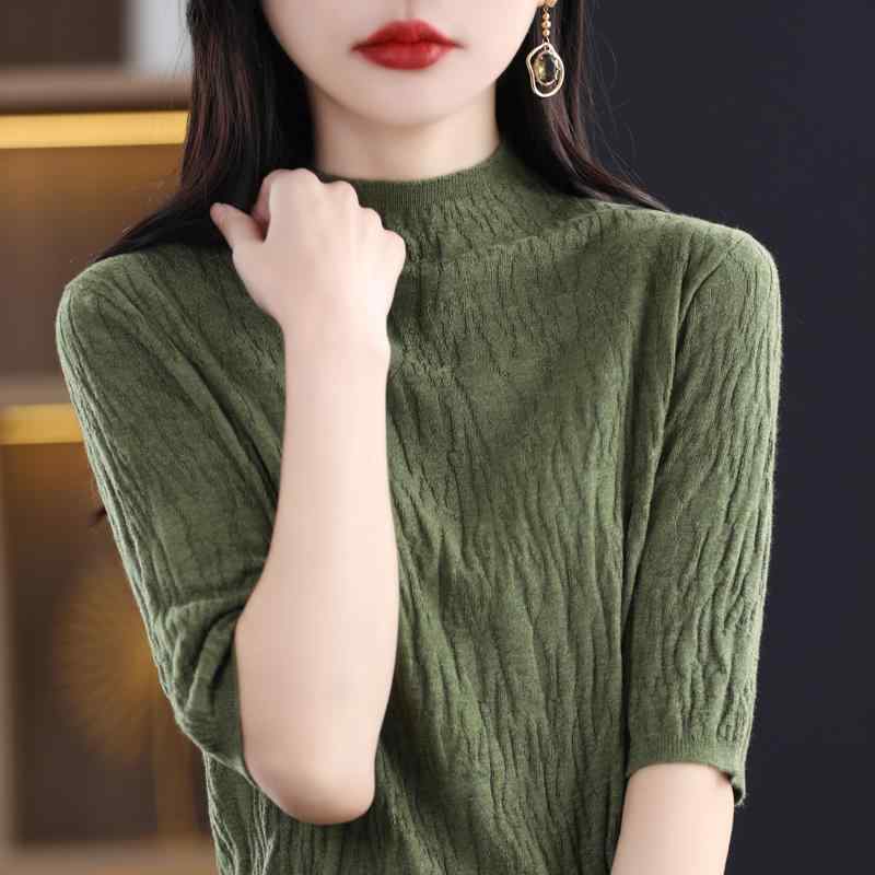 シャツ レディース ニット トップス 女性用 五分袖 ウェア ハーフ タートルネック プルオーバー 半袖 インナーウェア 女性用 五分袖 T 快適 トップス 点