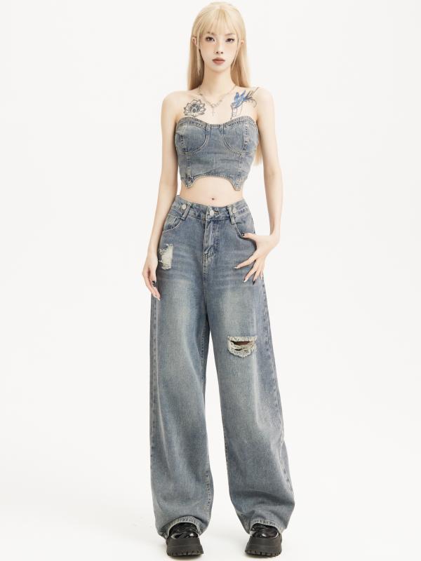 デニム パンツ レディース 韓国 レトロ トップス デニム セパレート スーツ レディース ハイウエスト ストレート ワイドレッグ フルレングス パンツ 綿 ロング プルオーバー ダメージ加工