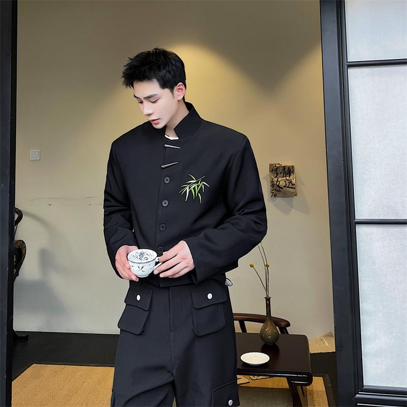 ジャケット 秋 チャイナ風 緑 竹 刺繍 感 ジャケット メンズ スタンドカラー ショート丈 バックル 中華風