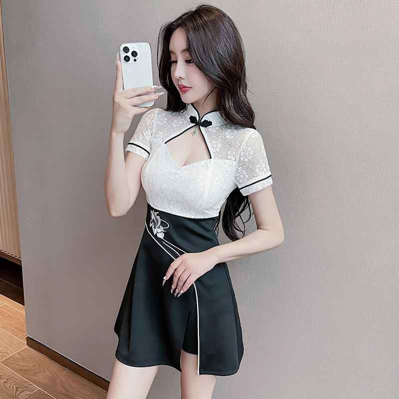 美容系 サロン 制服 接客 ユニフォーム レディース レース 切り替え チャイナ風 大人 ファッション シンプル セットアップ スリッド入り 胸開き