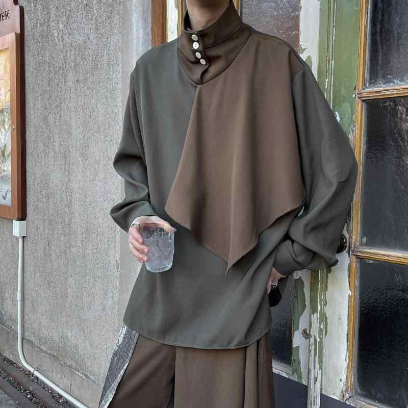 Men's Clothing - シャツ メンズ 秋 春 トップス おしゃれ フレンチ レトロ ステッチ スタンドカラー テクスチャー ハーフ ハイネック ステッチ 大きいサイズ ハイエンド