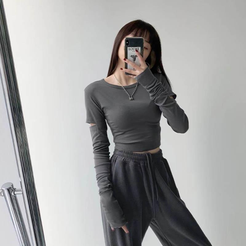 トップス シャツ レディース 普段使い アメリカ カット タイト ラウンドネック 女性用 ショート 長袖 Tシャツ 春秋冬 無地 インナー レイヤリング