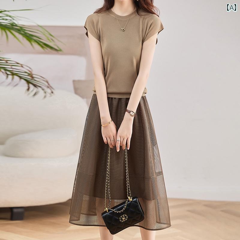レディース ファッション トップス 13ライン ガーゼ ドレス おしゃれ 夏 ウエスト スカート セットアップ スーツ 韓国 婦人服