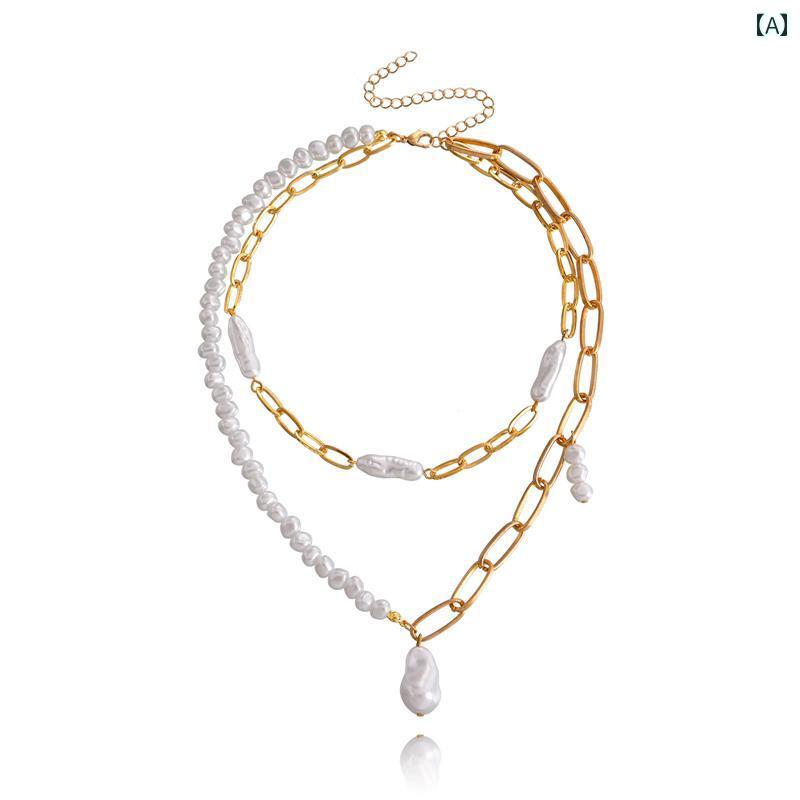 レディース ネックレス アクセサリー チェーン エスニック リゾート ビーチ 水着 海水浴 ビキニ アクセ アメリカン ジュエリー 二層 ペーパー クリップ 特殊形状 パールペンダント 女性 ファッション