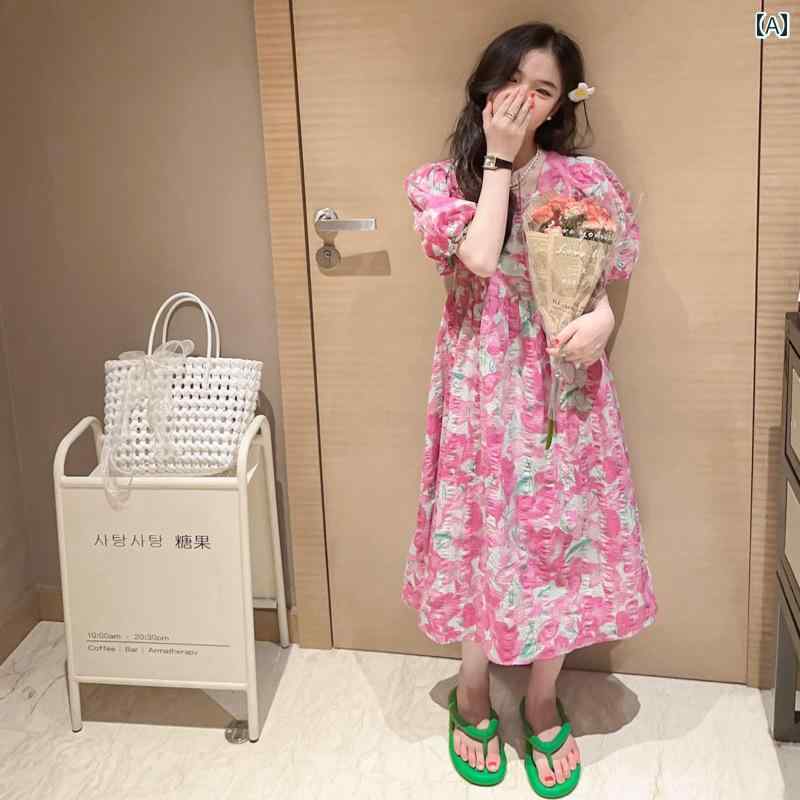 夏 ワンピース かわいい 女の子 ガールズ 半袖 ドレス フランス 中大 子供 薄手 パフスリーブ ビーチ 花柄 ロング スカート