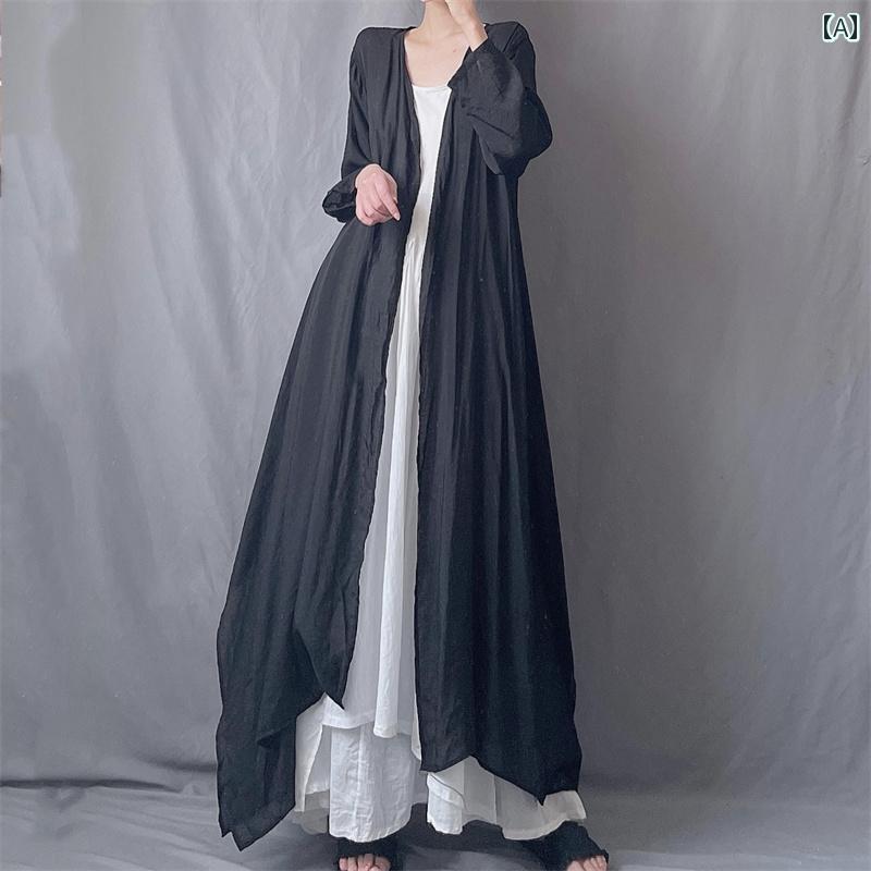 レディース 夏 服 サマーウェア 中華風 女性用 長 綿麻 カーディガン 白い 長袖 不規則 エレガント 日焼け防止 シャツ 薄手 ウインドブレーカー