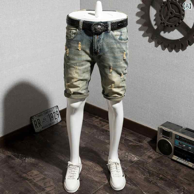 メンズ 夏 パンツ デニム ハーフ サマー 半ズボン 薄手 リッピング デニムショーツ スリムフィット 裾細 五分丈 ミディアム 弾性