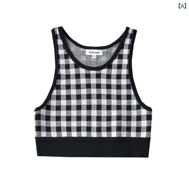 トップス レディース ファッション アメリカン 夏 ハイウエスト ショート スリム ストライプ カー リング インナー ノースリーブベスト 女性