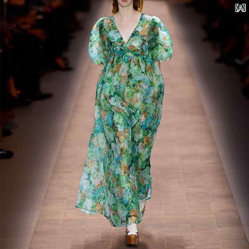 ドレス レディース フレンチ レトロ 春夏 花柄 宮殿 風 ランタン スリーブ ワイド スイング ハイウエスト 着痩せ シック ロング