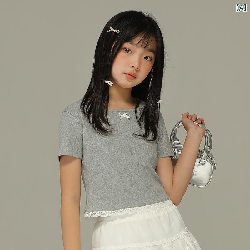 トップス Tシャツ キッズ おしゃれ ナチュラル 女の子 夏 韓国 リボン レース 子供用 ショート ラウンドネック 無地 半袖