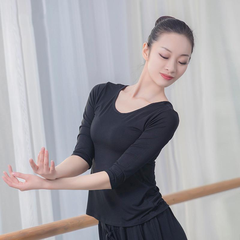 レディース ダンス ウェア ダブル ラウンドネック モダン ダンス 半袖 四分袖 トップス スリムフィット 薄手 ダンス 服 ヨガ 練 トレーニング(4.0)